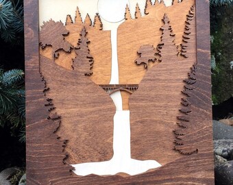 Multnomah Falls Oregon / 3D Shadow Box Wood Scene / Laser Cut, Inlaid, Etched/ Landmark / Waterfall / Forest / Bridge / Columbia River Gorge