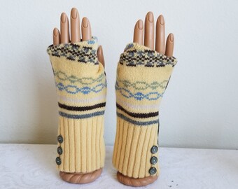 Sunny Yellow Fingerless Gloves in Lambswool with Gray Side Buttons