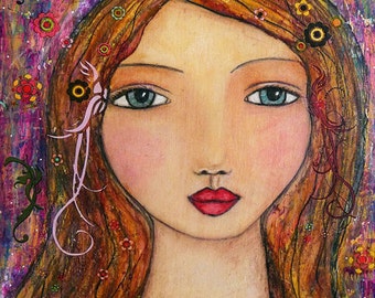 Portrait Painting Art Mystical Mixed Media Girl Art Print on Wood