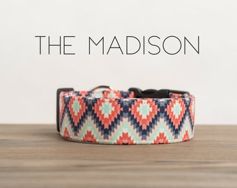 Girly Aztec Inspired Grey Coral & Charcoal Geometric Collar Dog Collar "The Madison"