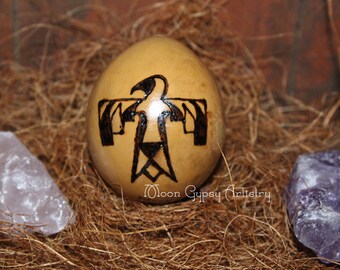 Thunderbird-Moon Glyphs-Elemental Egg Gourd-Pyrography-Woodburning-Handmade Art