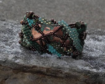 Jewelry - Free Form Peyote Stitch Beaded Bracelet - Bead Weaving - Splash Copper - Turquoise - Copper - BOHO
