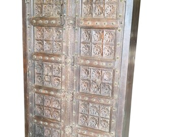 UNIQ 18c Lotus Floral Carved Doors  Antique Wardrobe Armoire Indian Furniture Storage Cabinet NATURAL Teak WOOD Limited Time Free Shipping