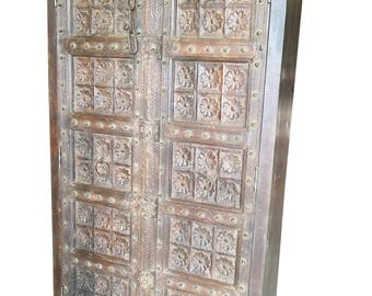 UNIQ 18c Lotus Floral Carved Doors  Antique Wardrobe Armoire Indian Furniture Storage Cabinet NATURAL Teak WOOD Limited Time Free Shipping