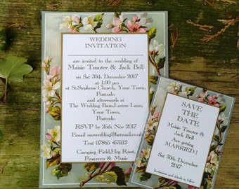 Vintage spring blossom wedding invitations and Save the dates
