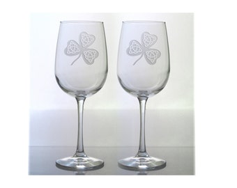Celtic Shamrock Etched Wine Glasses - Set of 2 - Free Personalization