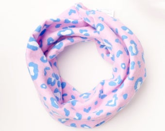 Baby infinity scarf, Leopard print scarf for toddler, Blue and pink flannel baby cowl, Flannel baby scarf, Absorbent scarf for teething baby