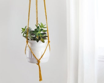 Mustard yellow macrame plant hanger | DIY hanging planters | Modern and minimalist pot holder | Indoor wall planter for herbs, succulent