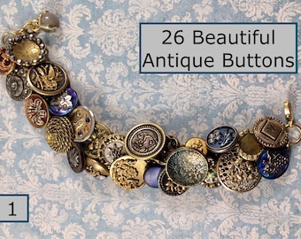 Heavens to Betsy Created Charm Bracelet with 26 Beautiful Antique Buttons Pictorials Pearls Cut Steels Enamel (1)