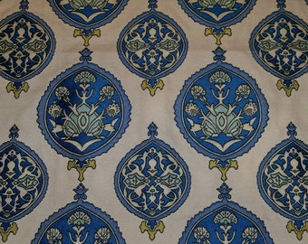 DESIGNER MOROCCO PAISLEY Medallions Damask Fabric Remnant Cream Inidgo Blue Aqua Goldendrod