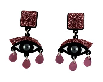 Eyes drop earrings pink glitter perspex, eye earrings, evil eye, big earrings, statement earrings, drop earrings