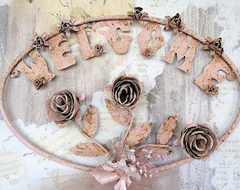 Welcome sign wall hanging large rusty muted hand painted pink distressed shabby cottage chic home or garden decor anita spero design