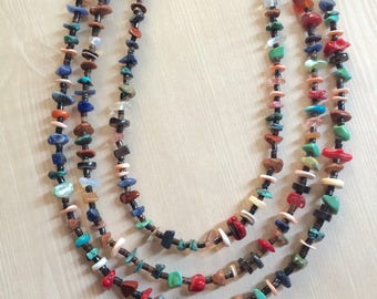 3 Strand Navajo Turquoise & Multi~Gemstone Necklace, Native American Jewelry, Southwest Indian Jewelry,Authentic American Indian Necklace.