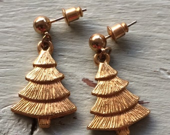Christmas Tree Earrings, Christmas Earrings, Gold Earrings