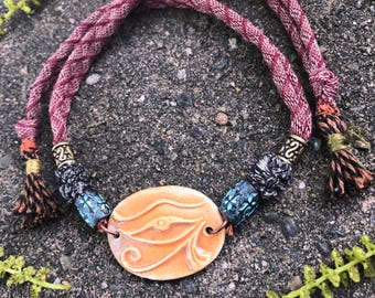 clay NECKLACE,clay pendant,ceramic necklace, yoga necklace,zen choker necklace,hippy necklace, festival necklace, Eye of Ra necklace Zasra