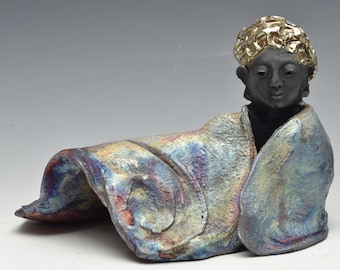 Seated Kwan Yin Goddess Kannon Statue in Shimmering and Earthy Raku Robe