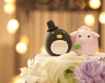 Penguin and pig couple MochiEgg custom wedding cake topper, cute piggy cake topper, wedding decoration, ceremony decor, animals cake topper