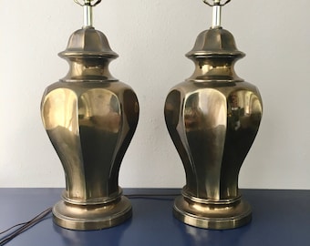 vintage brass ginger jar lamps pair patina glam chinoiserie
