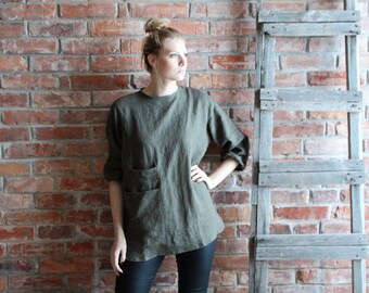 Artist Smock Loose Linen Tunic Khaki tunic Oversized Tunic, Linen Tunic Dress, Women Linen Overalls Medium Ready to ship