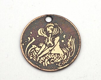 Small mermaid charm, flat round handmade etched jewelry supply, 22mm