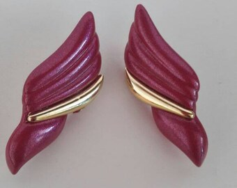 Vintage 1980s Pierced Earrings Cerise Metallic Pink And Gold