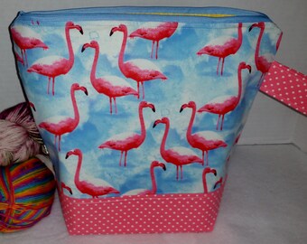 Large WIP Zipper Project Bag, Wedge Bag, Pink Flamingo & Blue Skies Zippered Project Bag, Knitting bag, Zipper