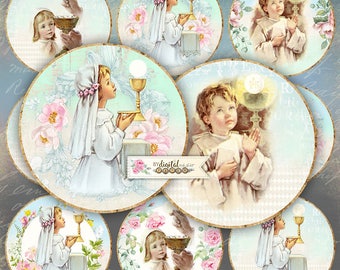 Holy Communion - 2,5 inch circles - set of 12 - digital collage sheet - pocket mirrors, tags, scrapbooking, cupcake toppers