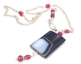 Striped Agate and Raspberry Glass Pendant in Sterling Silver