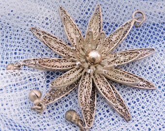 Vintage large silver plated filigree flower pendant Fliligree Flower