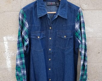 90s Post Grunge Flannel Rocker. Vintage Denim Shirt by Goodies and Co.