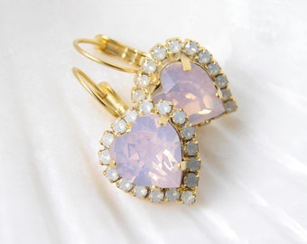 Swarovski Opal Heart Earrings. Rose Water Opal Earrings. Bridesmaid Gift. Simple Modern Jewelry by Smallbluethings