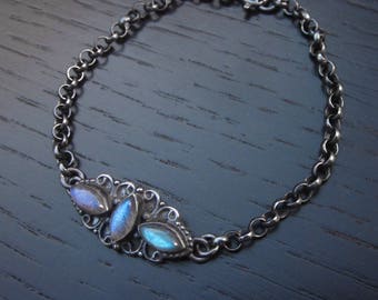 Labradorite chain bracelet, labradorite bracelet, labradorite jewelry, oxidized sterling silver chain bracelet, chain gemstone bracelet