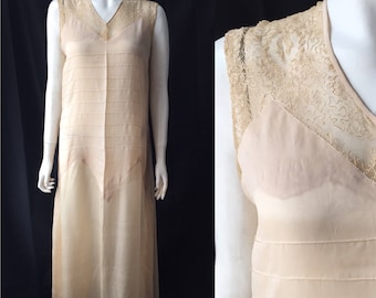 1920s silk dress with embroidered lace and pin tucks