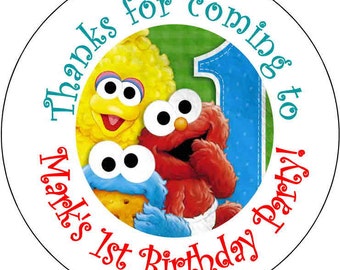 12 printed Baby Sesame Street Elmo Cookie Monster 1st Theme Birthday Party Stickers 2.5 inch Round Personalized kids