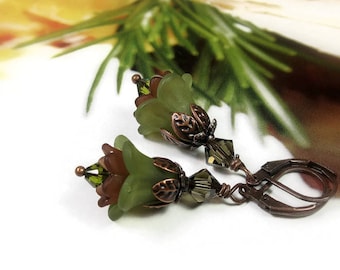 Autumn Earrings, Green and Brown Earrings, Copper Jewelry, Swarovski Earrings, Fall Flower Earrings, Vintage Style Jewelry, Gifts Under 25