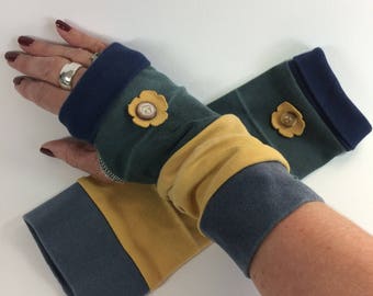 Fingerless Mittens, Arm Warmers, Long Arm Warmers, Fingerless Gloves, Upcycled, Striped Arm Warmers, Repurposed mittens,Cotton mittens