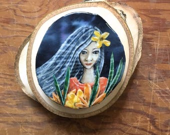 Unique original art, blue hair, gifts for teen, this if your moment, gifts for her, yellow flower, birthday gift, shellieartist, wood slice