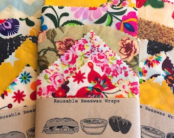 Large Set of 5 100% Natural Beeswax Food Wraps , lucky dip fabric , Zero Waste