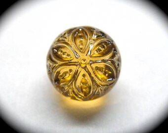 Antique Button ~ Yellow Glass Charmstring Swirlback with Flower & Metallic Luster