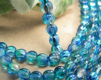 Deep Sea Blue AB Czech Glass Melon Beads Aqua 5mm (50)