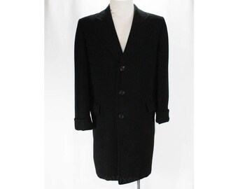 Men's Large Cashmere Coat - Handsome 1950s Black Mens Overcoat - 50s Winter Outerwear - Classic Tailoring - As Is Lining - Chest 46 - 47623