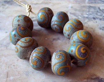 Ancient Fresco. Handmade Lampwork Glass Bead Set (5 pcs) Etched Lampwork Beads. Matte Finish Ancient Lampwork Rondelle. Made to order.