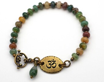 Brass Zen bracelet, multicolor fancy agate Tibetan om jewelry, semiprecious stone, 8 inches long