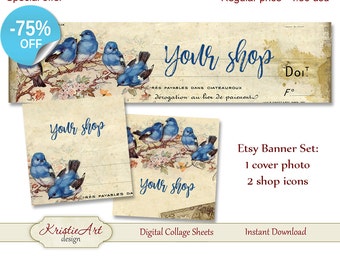 75% OFF SALE ETSY Shop Banner (Cover photo) + Shop Icons - Set #L008. Digital Birds Etsy Shop Banner Digital Collage Sheet SummerBanner