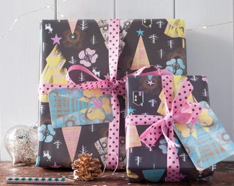NIght Forest Christmas Wrapping Paper Sheet with or without a matching tags, christmas wrap, deer, house Christmas gift wrap, Inkpaintpaper