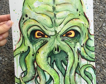Cthulhu Watercolor Painting, Original Artwork, HP Lovecraft, Geek Fan Art 9x12