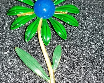 ON SALE : Vintage Enamel Daisy Pin Brooch Flower with Stem Green and Blue