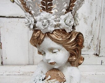 Sweet face mermaid statue hand painted distressed nautical decor coastal living beach house shabby decor shabby anita spero design
