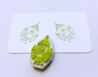 Rocket stamp. Rubber stamp. Hand carved stamp. Mounted.