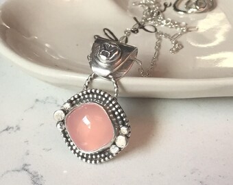 Pretty in Pink Chalcedony Necklace, Sterling Silver, Butterfly Detail
